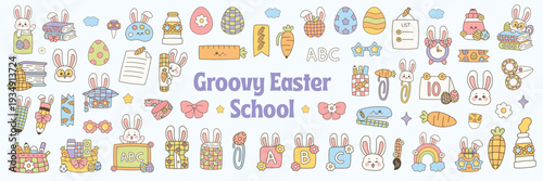 Retro groovy Easter School Doodle Mega Pack, Cheerful Spring Holiday & Learning Vector Set