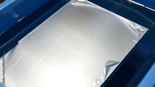 electroplating. Rectangular metal sheet acquiring a shiny silver coating in blue solution. safety posters, maintenance manuals, designed for industrial assembly lines and welding operations.