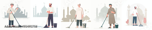 vector of Muslim man cleaning the mosque