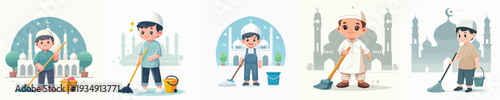 vector of Muslim little boy cleaning the mosque