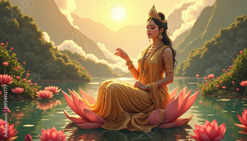 Woman Meditating on Lotus Flower in Lake at Sunrise Scenery