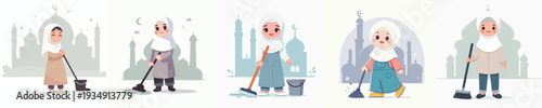 vector of Muslim little girl cleaning the mosque