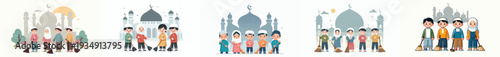 vector of Muslim children friends cleaning the mosque