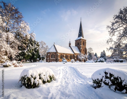 Snowy landscape featuring a charming brick building with a tall spire, trees, and path