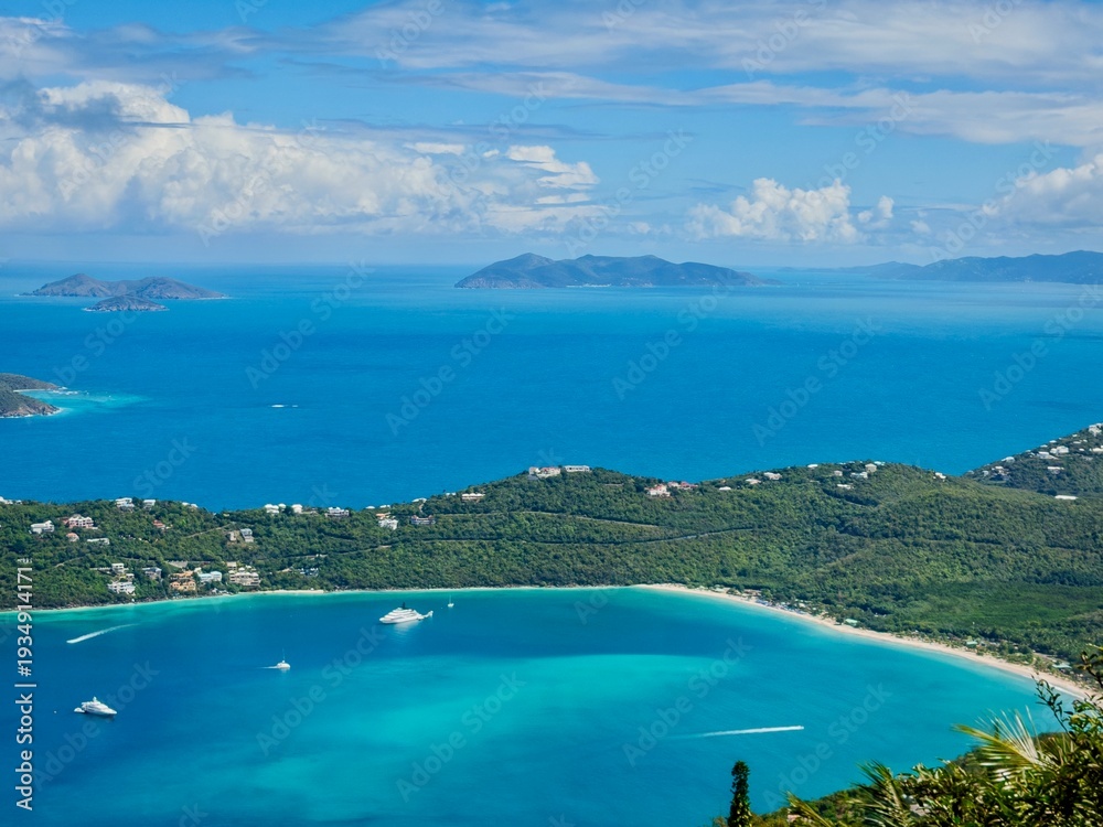 Obraz premium view of Magens Bay Beach and the Caribbean Ocean on Saint Thomas US Virgin Islands from Mountain Top