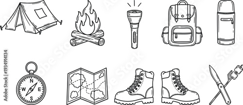 Black and white camping gear including tent, backpack, boots, and compass campfire