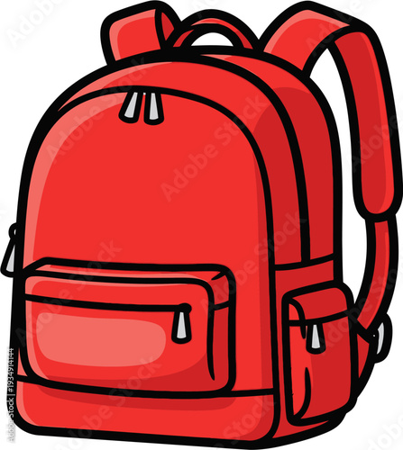 A vibrant red cartoon backpack with multiple zippered compartments and shoulder straps, perfect for school or travel.