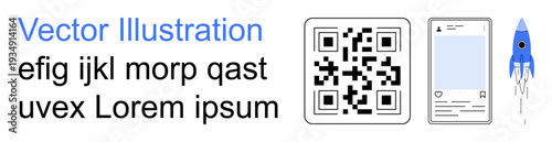 Digital marketing, mobile app design, social media, technology innovation, QR code scanning, futuristic design. QR code, smartphone interface and rocket graphic. Digital marketing and technology