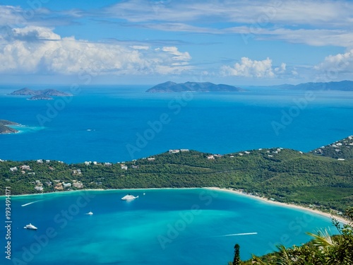 view of Magens Bay Beach and the Caribbean Ocean on Saint Thomas US Virgin Islands from Mountain Top