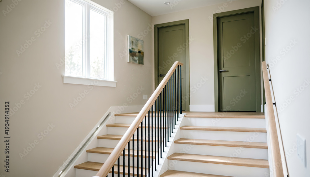 Fototapeta premium Photorealistic suburban interior, open staircase, green doors, sharp focus. Generative AI