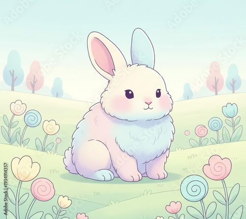 Adorable white rabbit sitting peacefully in a vibrant meadow filled with colorful flowers, viewed from a slight angle.