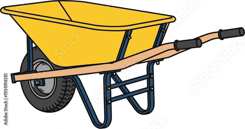 A bright yellow wheelbarrow with a single wheel, wooden handles, and a blue metal frame, ready for gardening or construction work.