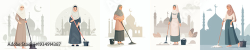 vector of Muslim woman cleaning the mosque