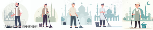 vector of Muslim man cleaning the mosque