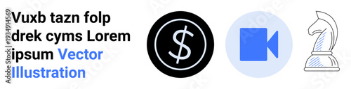 Business tools, financial planning, video production, media communication, strategic thinking, technology. Dollar symbol, video camera knight chess piece icons. Financial and media communication