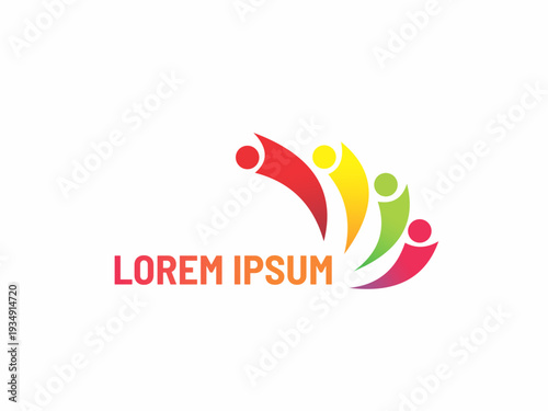 A dynamic logo design featuring four swooping human figures in red, yellow, green, and pink colors, symbolizing togetherness, social movement, and human energy.