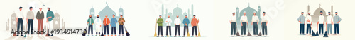 vector of Muslim men friends cleaning the mosque