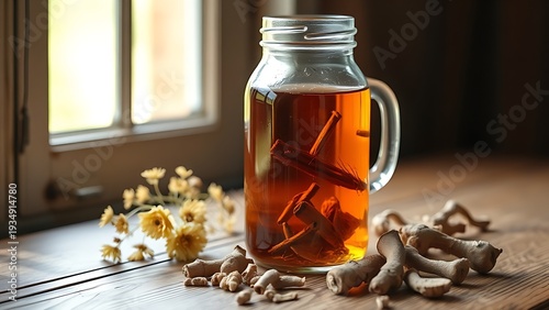 angelica. A rustic glass jar of amber herbal liquor with angelica root on a wooden surface. bar promotions, beverage menus, designed for food & beverage menus and cafe branding, used by ux designers.