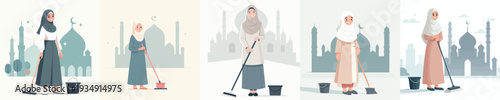 vector of Muslim woman cleaning the mosque