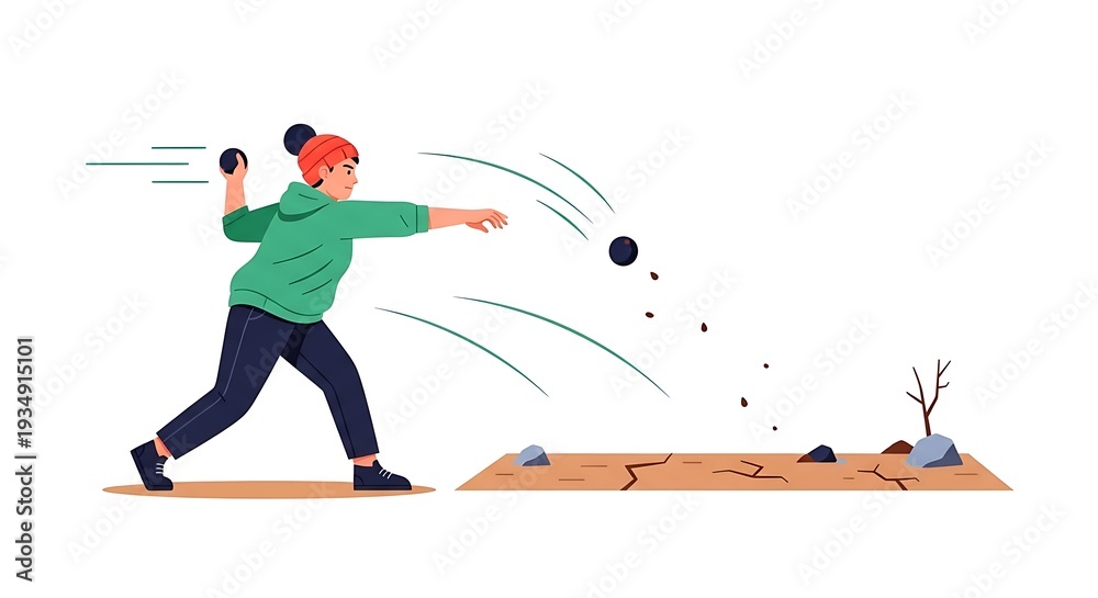 Fototapeta premium Vibrant graphic art depicting a young athlete engaged in a powerful throwing motion, casting a heavy object with determination in a rugged environment