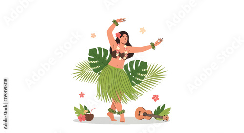 Graceful Hula Dance Performer with Tropical Summer Atmosphere Isolated on White Background