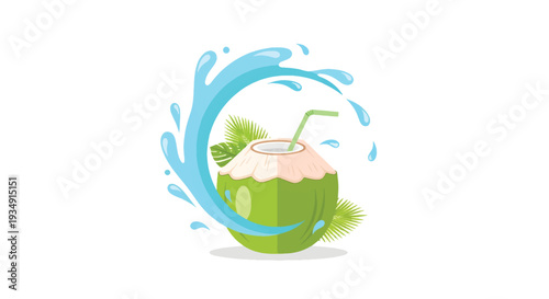 Fresh Coconut with Water Splash Isolated on White Background, Tropical Summer Refreshment Concept
