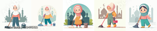 vector of Muslim little girl cleaning the mosque