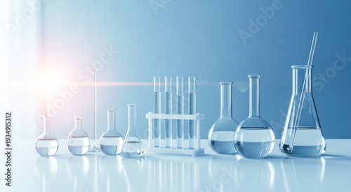 A row of laboratory glassware on a blue background with a bright light source.