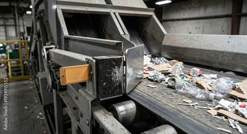 Recyclables on conveyor belt at waste sorting facility
