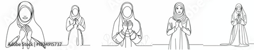 half body line art of a Muslim woman praying gesture front view