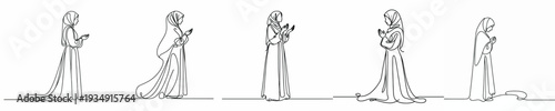 line art of a Muslim woman standing praying gesture side view