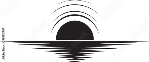 Minimalist black and white vector silhouette illustration of a beautiful sunset or sunrise over water with a stylized reflection, evoking tranquility.