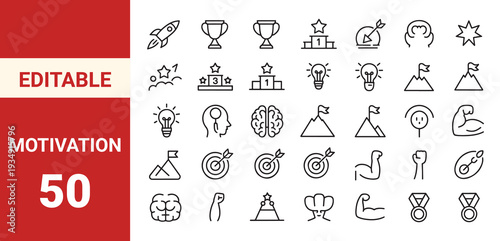 Motivation icon set. Editable line icons. Vector illustration,motivation, wellbeing, optimism, selfcare concepts, editable stroke, minimal modern line design.