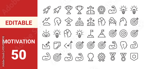 Motivation icon set. Editable line icons. Vector illustration,motivation, wellbeing, optimism, selfcare concepts, editable stroke, minimal modern line design.