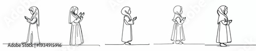 line art of a Muslim little girl standing praying gesture side view