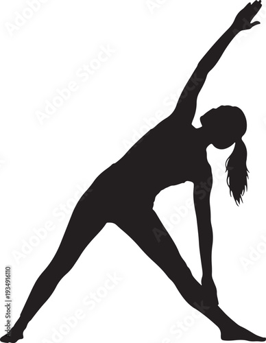 Female Silhouette in Triangle Yoga Pose (Trikonasana) for Flexibility, Wellness, and Fitness Practices