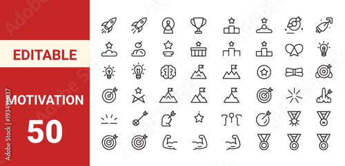 Motivation icon set. Editable line icons. Vector illustration,motivation, wellbeing, optimism, selfcare concepts, editable stroke, minimal modern line design.