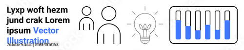 Two abstract human figures, glowing light bulb, and chart with blue bar resembling data. Ideal for teamwork, creativity, progress, research, strategy, innovation simple landing page