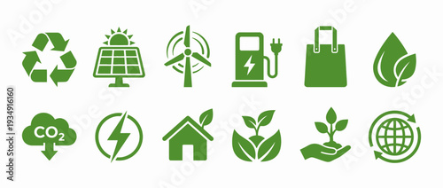 Sustainable eco-friendly green energy icons set