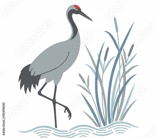 Crane standing near tall grass in wavy water, viewed from the side in a simple illustration