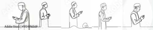 half body line art of a Muslim man praying gesture side view