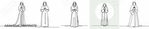 line art of a Muslim woman standing praying gesture front view