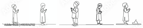 line art of a Muslim little boy standing praying gesture side view