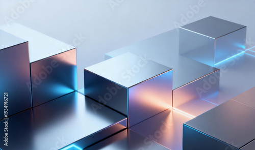 Glowing blue and purple geometric cityscape, neon lights, reflective floor, dark backdrop