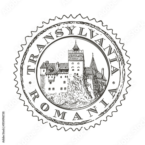 Vintage Transylvania Rubber Stamp Featuring Vlad’s Iconic Bran Castle And Misty Carpathian Peaks
