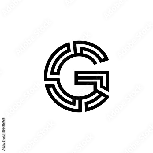 Minimal black maze letter G logo, monogram icon and labyrinth design for branding.