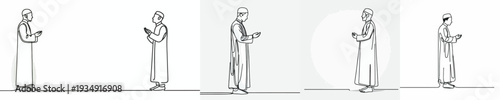 line art of a Muslim man standing praying gesture side view
