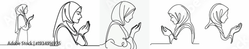 half body line art of a Muslim woman praying gesture side view