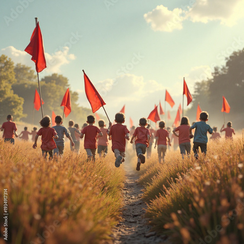 Children Running with Red Flags Through Grassy Field