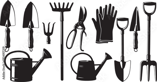 Comprehensive collection of various gardening tools silhouettes including shovels, trowels, rakes, gloves, shears, and watering cans for horticulture projects.